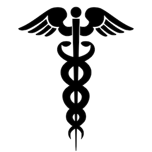 Może przedstawiać: Czarny symbol kaduceusza, laska z dwoma wężami owiniętymi wokół niej, zwieńczona skrzydłami. Ten symbol medyczny jest często używany do reprezentowania opieki zdrowotnej i medycyny.