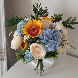 Bridal sunflower bouquet Fall wedding flowers with blue accent for bride Boho bouquet