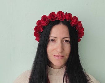 Red roses headband, fake flower crown, red flower hair piece, marsala roses, bridal crown for wedding