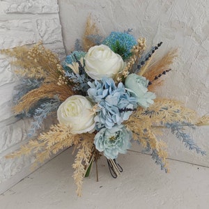 Boho wedding white blue bouquet for bride, bridesmaids flower, baby shower table decor