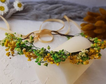 Dried flower green yellow crown Dried babys breath headpiece Babys breath crown