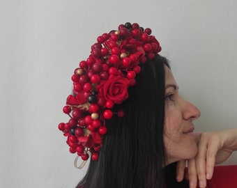 Red flower crown, red headband, fake flower crown, red, black and gold berries hair piece, Praid of Ukraine