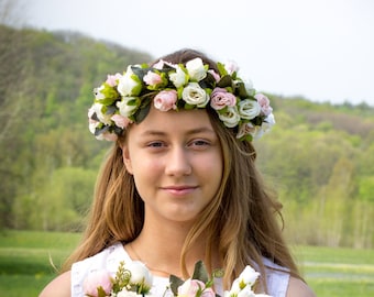 Blush pink white roses flower girl crown Bridal headband Wedding headband fake roses hair piece