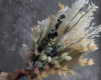 Dried flower wedding bouquet, Dried blue flowers, groom boutonniere, dried flower girl crown