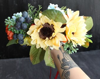 Sunflower flower crown wedding wildflower headband flower girl crown Ukrainian vinok