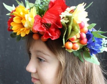Ukrainian flower crown, fake flower crown, red blue and yellow headband, poppies cornflowers sunflowers