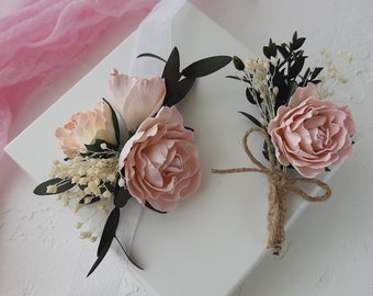 Corsage and boutonniere set  Wedding groomsmen bouts Wrist corsage band