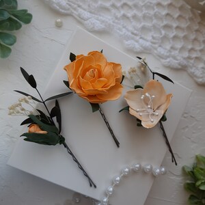 Orange flower hair pin, Orange Floral hair comb, handmade flowers, preserved eucalyptus hair piece, bridal pins, bridesmaid hair accessories