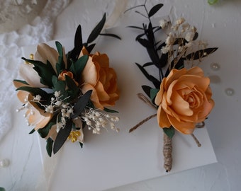 orange corsage and boutonniere set-  wedding boutonniere - wrist corsage band