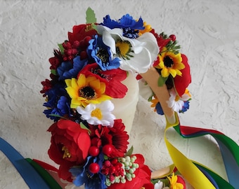 Ukrainian flower crown, red blue and yellow headband, fake flower crown, poppies cornflowers sunflowers