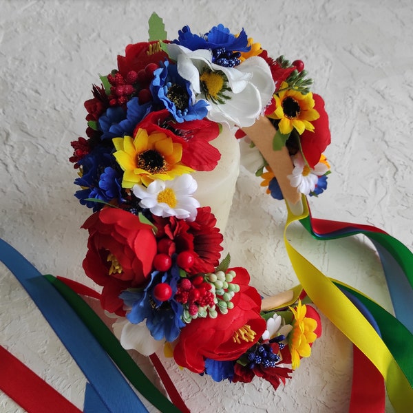 Ukrainian flower crown, red blue and yellow headband, fake flower crown, poppies cornflowers sunflowers