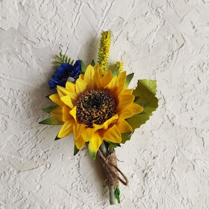 Sunflower boutonniere for fall wedding, blue poppy and yellow fake flower boutonniere for men, Ukrainian wedding