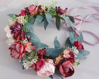 Wedding flower crown Bridal hair piece Burgundy blush roses Bridal headband Wedding flower accessories