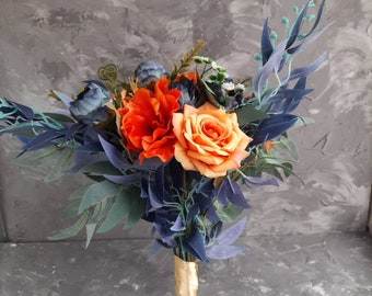 Navy blur burnt orange bridal bouquet for fall wedding Navy burnt orange wedding bouquet 10" bridesmaid fake flowers