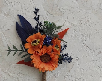 Fall Wedding Boutonniere: Orange & Dark Blue Boho Flowers