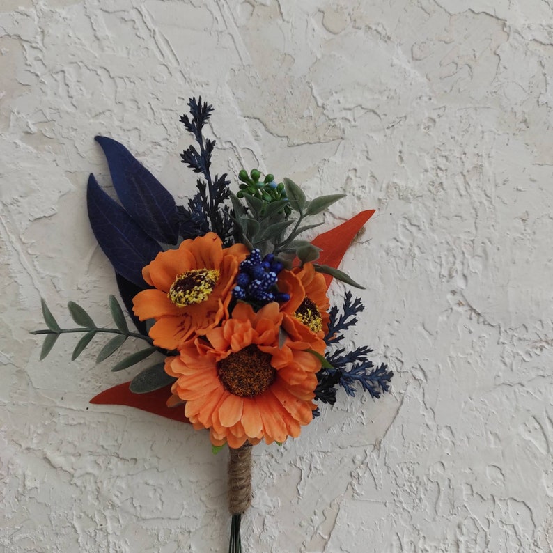 Burnt Orange Corsage and Boutonniere Set With Dark Blue Fake Etsy