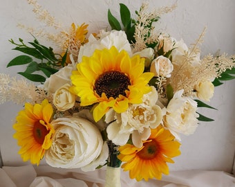 Sunflower fake flower wedding bouquet, bride boho bouquet, boho wedding silk flower bouquet, fall wedding