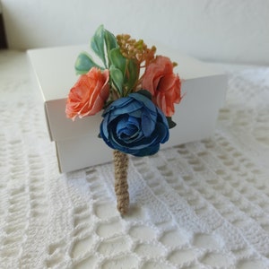 Coral and blue boutonniere Men wedding boutonniere Groom
