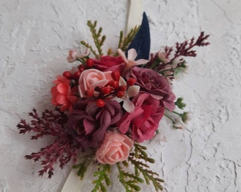 Marsala wrist corsage for wedding, bridesmaid corsage, blush burgundy corsage and boutonniere set