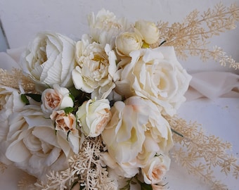 Champagne wedding bouquet for bride, bohemian wedding bouquet, Ivory fake flower bouquet for wedding