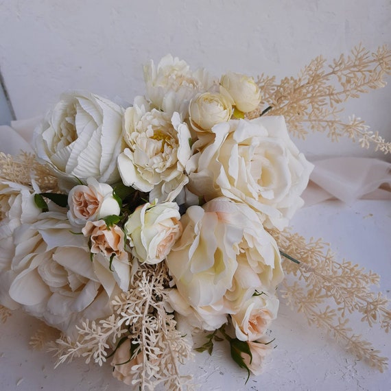 flowers to go with champagne wedding dress bouquet for bride, bohemian wedding bouquet, Ivory fake flower bouquet for wedding Gold US Size:12/44 Mesh Overlay Cotton Sateen Lattice Midi Warm peach