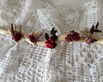 Hair pin with burgundy champagne dried flowers, flower hair accessory for fall wedding, hair pin for bride, bridesmaid