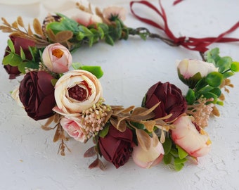 Corona de flores color burdeos ruborizado: diadema de novia, boda de otoño