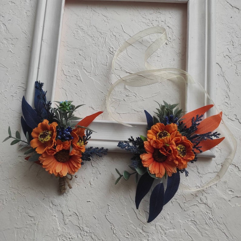 Burnt Orange Corsage and Boutonniere Set With Dark Blue Fake Etsy