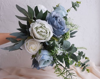 Bouquet de mariée bohème bleu poussiéreux, faux bouquet de fleurs, bouquet de la mariée, fleurs de mariage