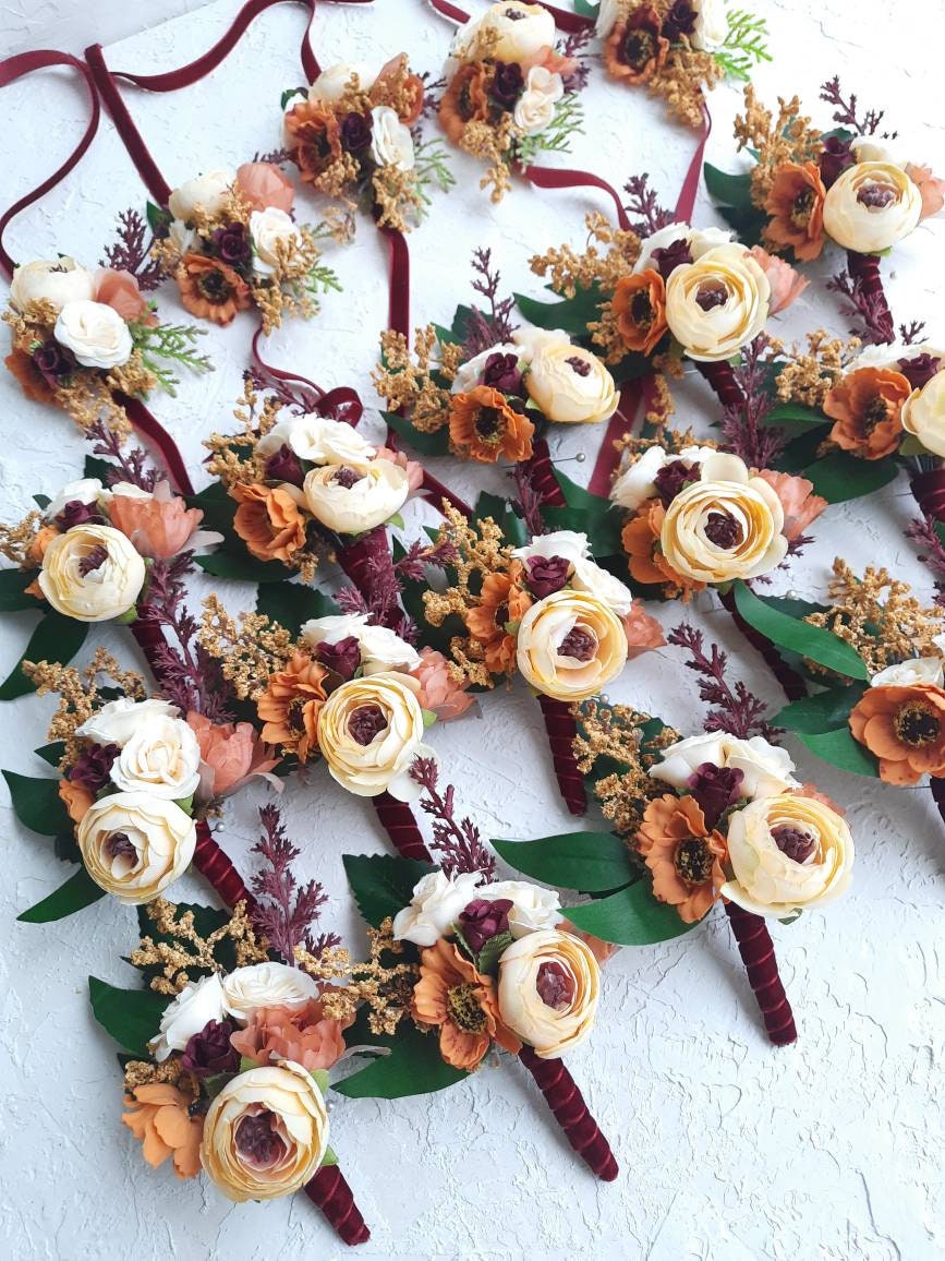 Rusty Burgundy Corsage and Boutonniere Set for Fall Wedding, Boho ...