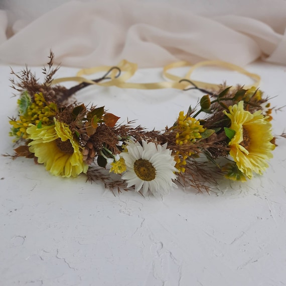Sunflower and Daisy Flower Crown, Paper Flower Crown, Floral Head Band,  Paper Flower for Bride, Flower Girl, Wedding Accessories 
