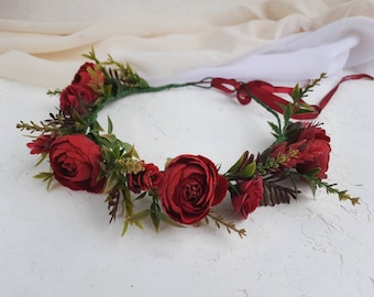 Burgundy flower girl crown, Fake flower hair piece, Fall flower crown.Burgundy wedding, Bridal headband, hairpiece for bridesmaid