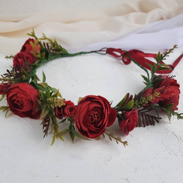 Couronne de demoiselle d'honneur bordeaux, fausse mèche de cheveux, couronne de fleurs d'automne. Mariage Bourgogne, bandeau de mariée, postiche pour demoiselle d'honneur