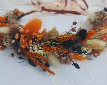 Fall dried flower crown Burnt orange bridal headband for wedding Fall wedding hair accessories Dried flower green brown hair piece