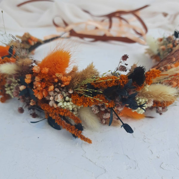 Fall dried flower crown Burnt orange bridal headband for wedding Fall wedding hair accessories Dried flower green brown hair piece