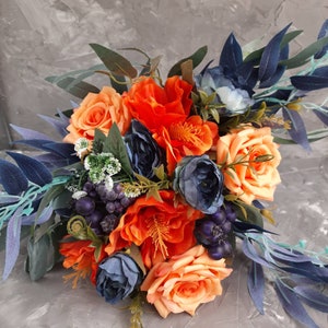 Navy burnt orange wedding bouquet Fall wedding bouquet Bride silk flower 10&quot; bouquet dark navy flowers for bride