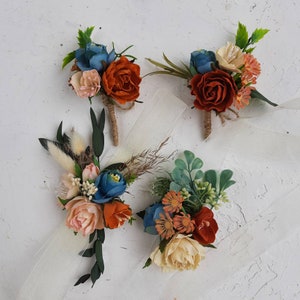 Fall Wedding Corsage Boutonniere Set: Burnt Orange & Ivory Roses