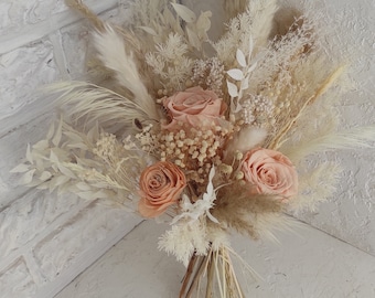 Boho bridal bouquet, wedding dried and preserved flowers for fall wedding, white champagne blush dried flowers, bridesmaids bouquet