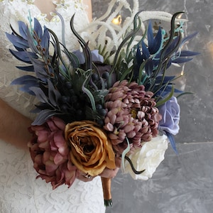 Purple fake flower, boho bridal, bridesmaid bouquet, wedding orange navy white silk flowers