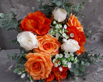 Fall wedding bouquet Burnt orange ivory bouquet bride Fake flower eucalyptus wedding bouquet 10" bouquet