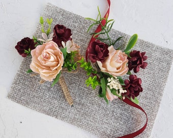 Burgundy blush corsage and boutonniere set, burgundy boutonniere for men, blush wrist corsage band