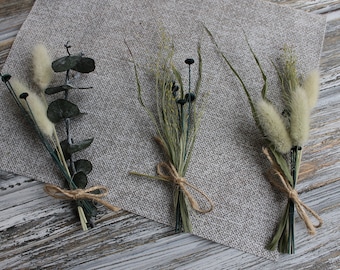 Dried eucalyptus lagurus  boutonniere for men, Rustic wedding, Wedding Boutonniere