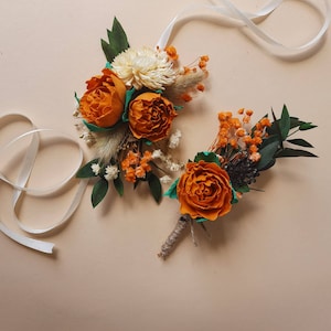 Burnt Orange Corsage Boutonniere Set: Fall Wedding Accessories