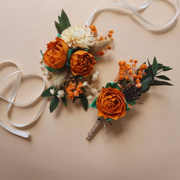 Rustikale orange Corsage und Boutonniere Set Herbst-Hochzeit Accessoires Boutonniere für Männer Handgelenk-Corsage-Band