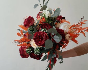 Fall wedding bouquet, Burgundy orange bridal bouquet for fall wedding, large fake flower bouquet with dried babys breath