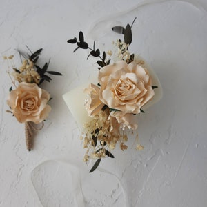 Champagne Corsage and boutonniere set  Wedding groomsmen bouts Wrist corsage band