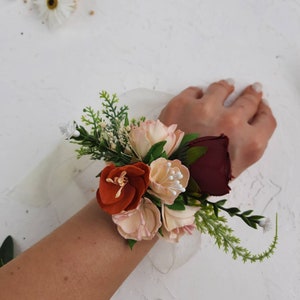 Marsala burnt orange ivory corsage and boutonniere set, Fall wedding wrist corsage band, burgundy rose boutonniere for men