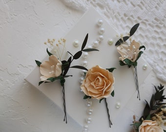 Champagne hair pins, Fake roses hair pins, Bridal hair pins, Wedding hair accessories, Corsage and boutonniere set