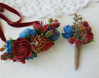 Wedding corsage burgundy navy cinnamon corsage and boutonniere set, wedding boutonniere, groomsmen bouts, wrist corsage band