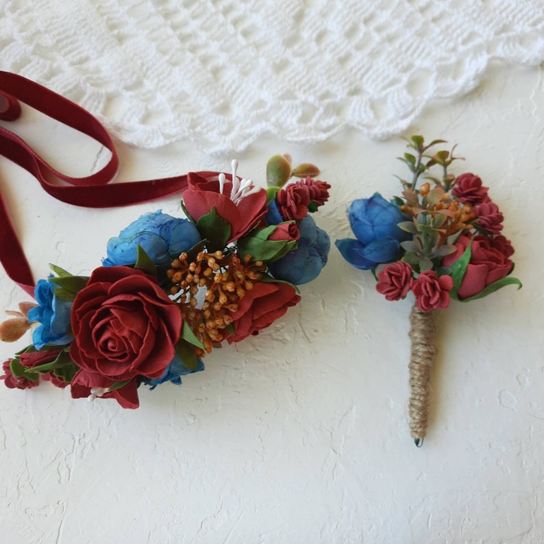 Wedding corsage burgundy navy cinnamon corsage and boutonniere set, wedding boutonniere, groomsmen bouts, wrist corsage band image 1